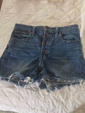 Madewell Distressed Button-Fly High Rise Denim Shorts - Blue